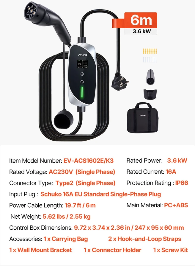 Nešiojamas elektromobilio įkroviklis 3.6kW 16A. 2 tipo. kabelis 6 m. LCD ekranas