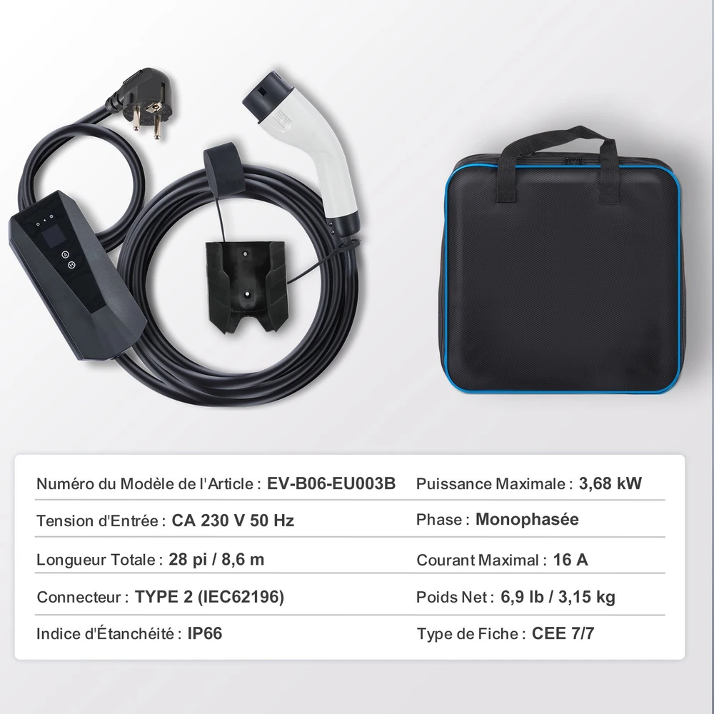 Nešiojamas EV įkroviklis 16A vienfazis Tipas 2. 8.6m kabelis. IP66. LCD ekranas. galia 3.68kW