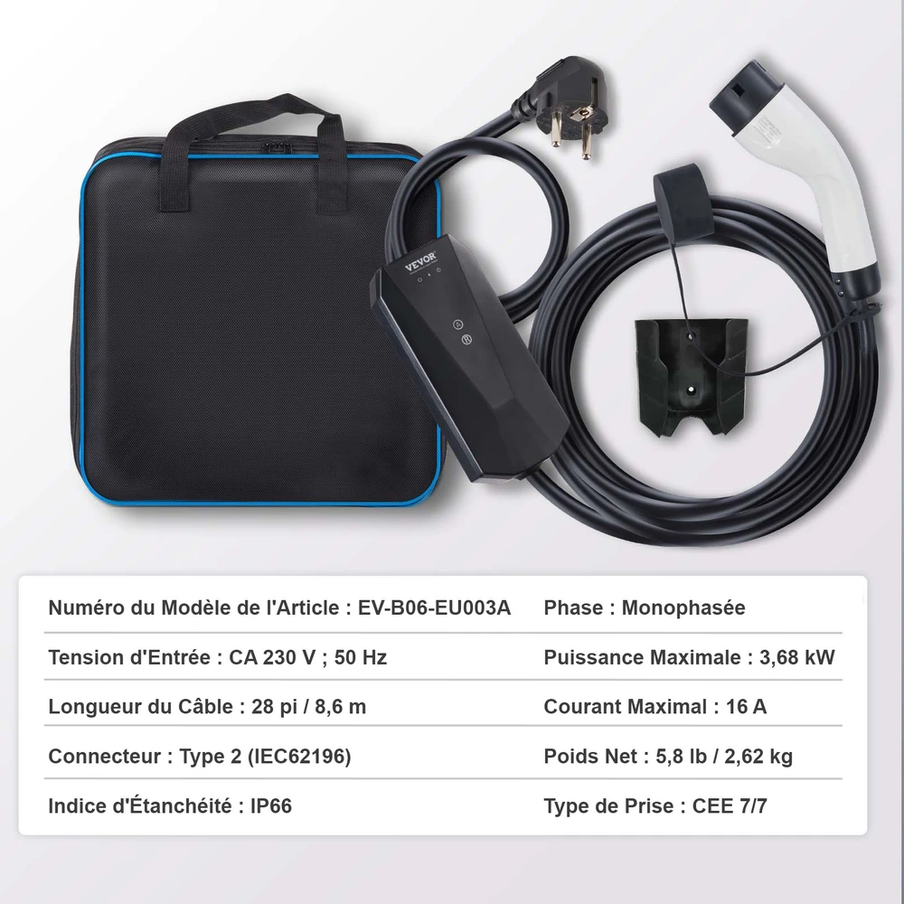 Nešiojamas EV įkroviklis 16A vienfazis Tipas 2. 8.6m kabelis. IP66. galia iki 3.68kW 230V