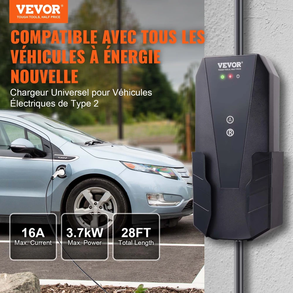 Nešiojamas EV įkroviklis 16A vienfazis Tipas 2. 8.6m kabelis. IP66. galia iki 3.68kW 230V