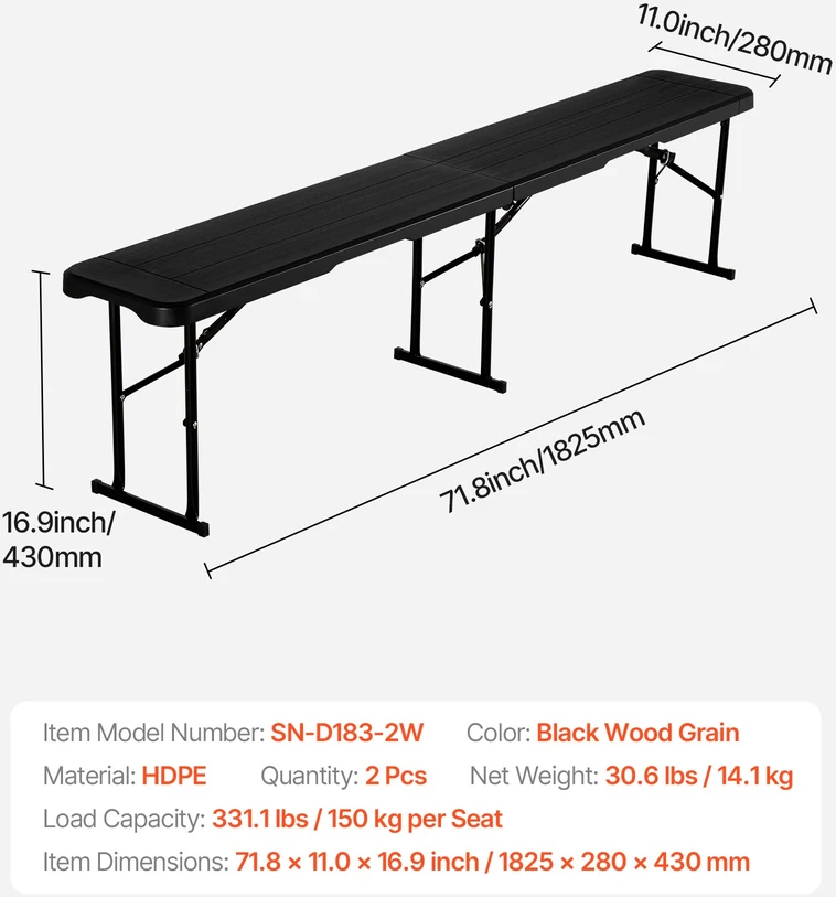 Nešiojamas kempingo suoliukas 182 cm. plastikinis. sulankstomas. 2 vnt.. apkrova 150 kg vietai. juodas