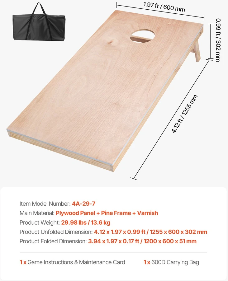 Nešiojamas stalo cornhole žaidimo rinkinys. sulankstomas. 1255 x 600 x 302 mm