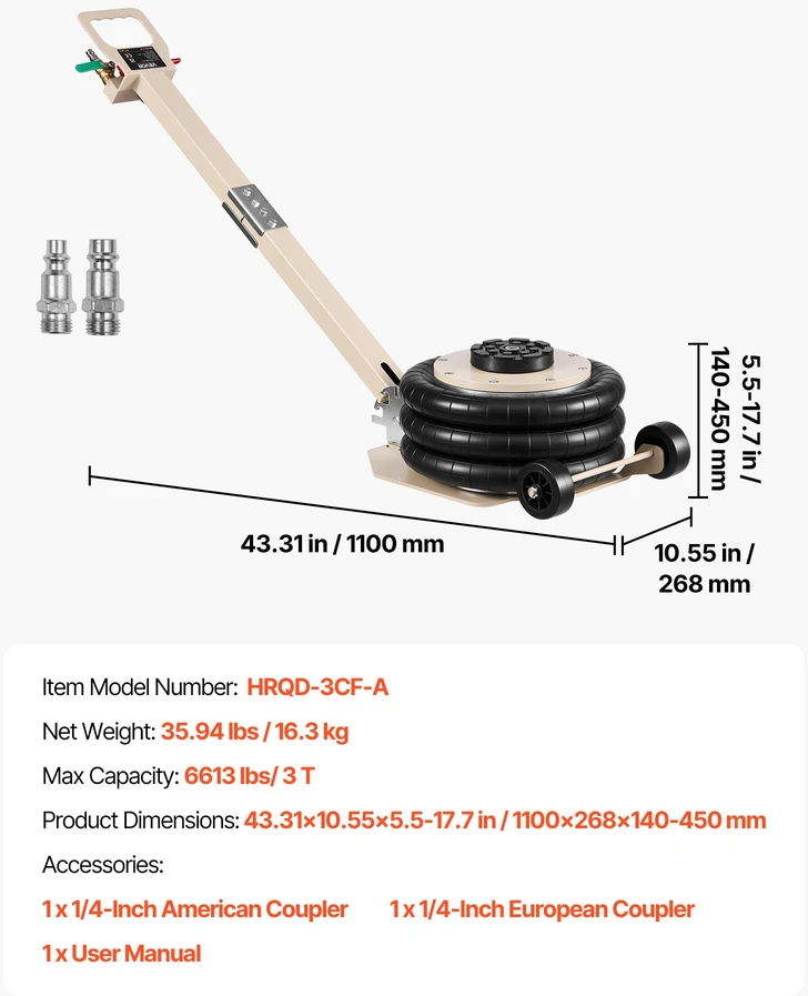 Oro pagalvės pneumatinis keltuvas 3T reguliuojama rankena kėlimo aukštis 140-450 mm