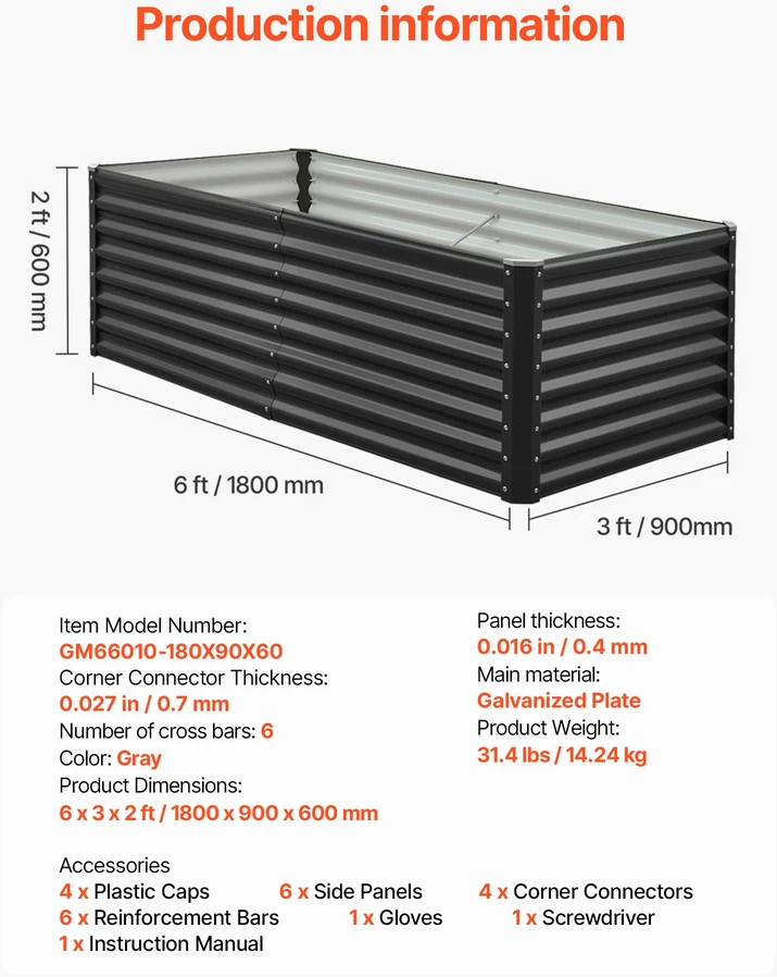 Pakelta metalinė lysvė. cinkuota. 1800 x 900 x 600 mm. be dugno. tamsiai pilka
