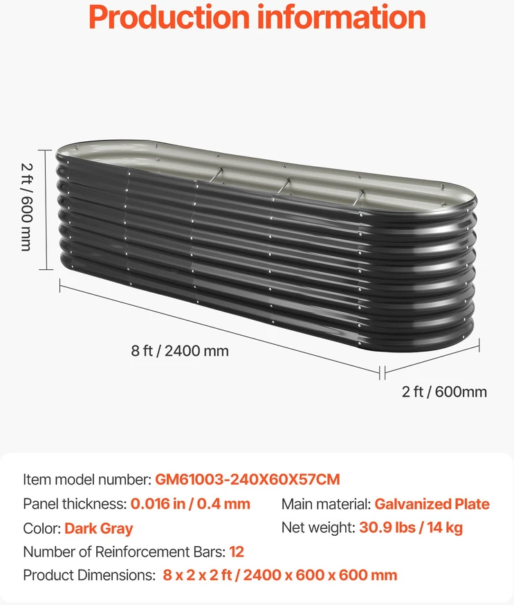 Pakelta metalinė sodo/balkono lysvė 2400x600x600 mm. be dugno