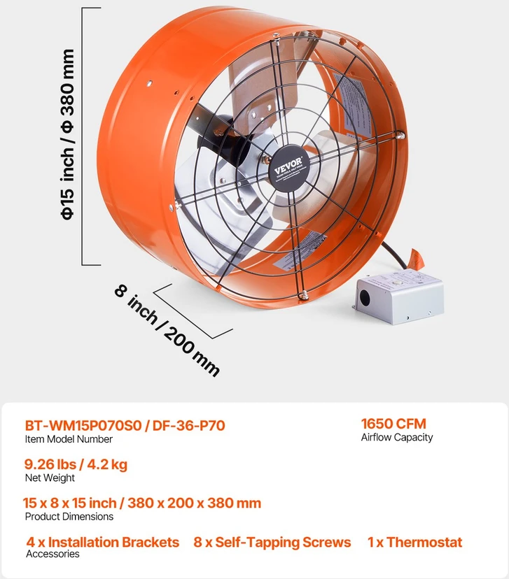 Palėpės ištraukimo ventiliatorius. Ø380 mm. 46.72 m³/min. oranžinis