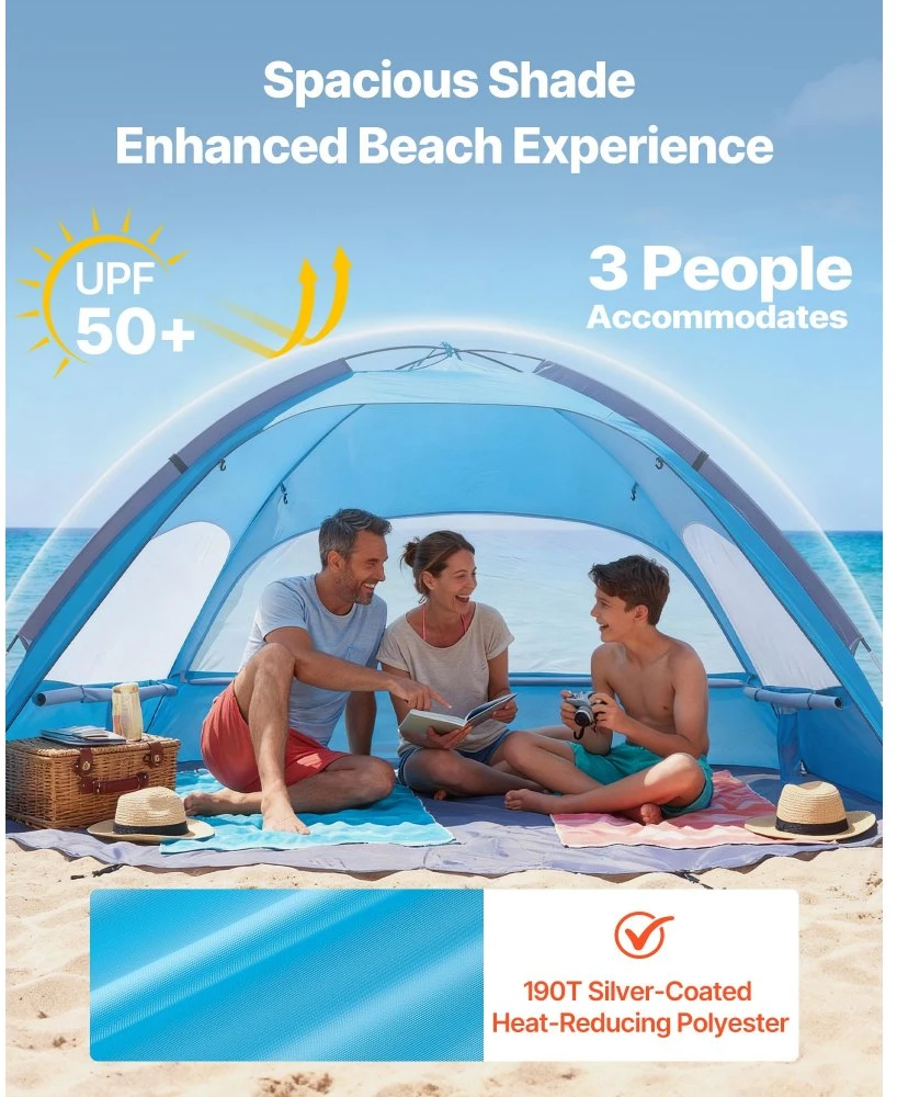 Paplūdimio palapinė-skėtis 3 asmenims „pop-up“ tipo nešiojama su krepšiu ir tvirtinimo kuoliukais