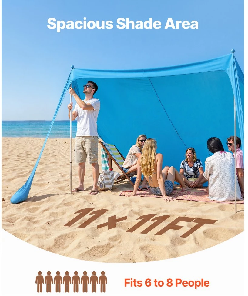 Paplūdimio tentas-skėtis su atramomis 34 x 34 x 2 m UPF50+ apsauga su smėlio inkarais mėlynas