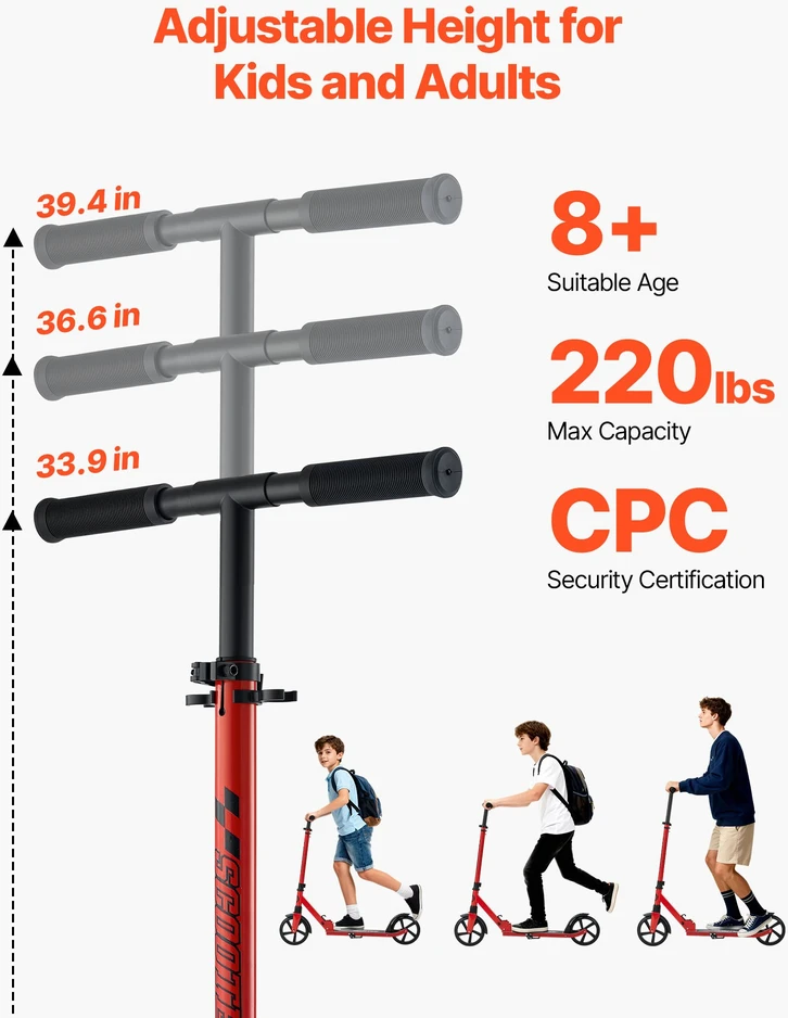 Paspiriamasis paspirtukas su pedaliniu stabdžiu. reguliuojamas vairas. iki 99.7kg. raudonas su juodu