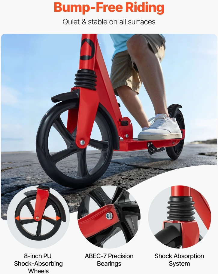 Paspiriamasis paspirtukas su pedaliniu stabdžiu. reguliuojamas vairas. iki 99.7kg. raudonas su juodu