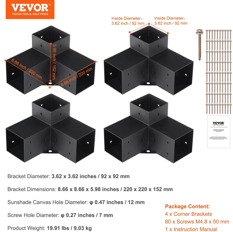 Pergolos atramų kampuočių rinkinys. 4 vnt.. 10 x 10 cm medinių stulpų atramos. trikrypčiai kampiniai laikikliai