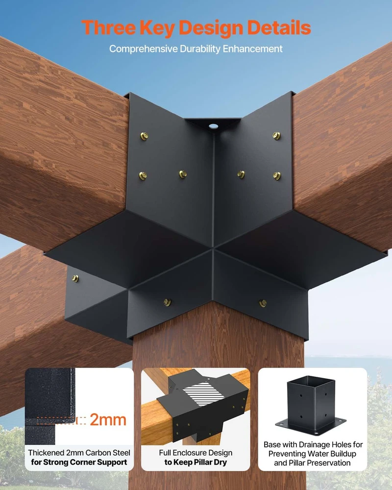 Pergolos laikiklių rinkinys. apie 152 x 152 mm. tinka 92 x 92 mm stulpams. 2 vnt. 4 krypčių kampiniai laikikliai
