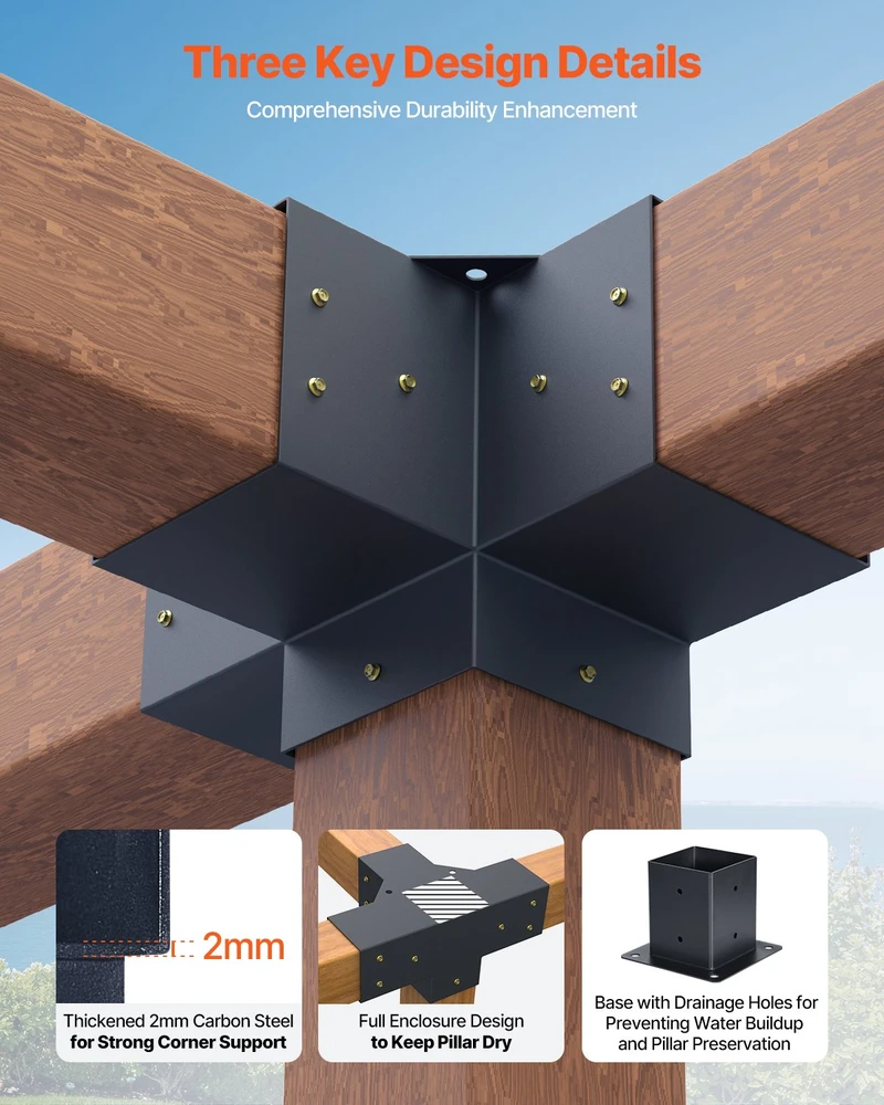 Pergolos laikiklių rinkinys. tinka tikro dydžio 92 x 92 mm medinėms sijoms. 4 vnt. 3 krypčių ir 2 vnt. 4 krypčių laikikliai
