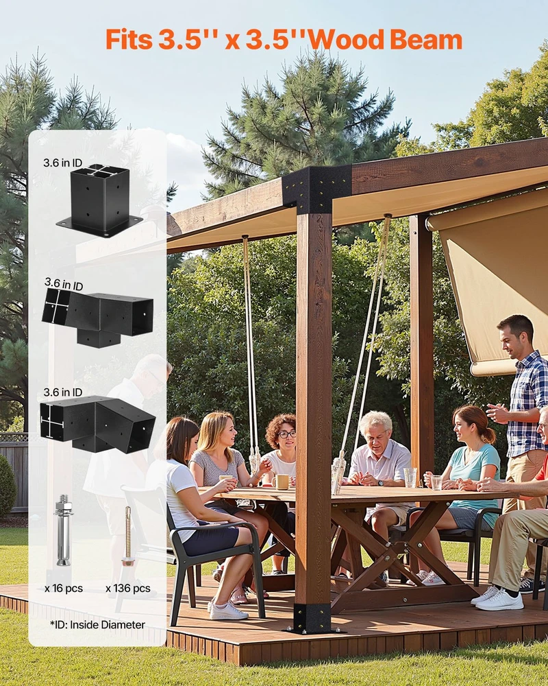 Pergolos tvirtinimo detalių rinkinys iš anglinio plieno, 8 vnt. pasvirusių 3 krypčių laikiklių 92 x 92 mm