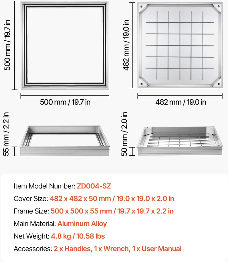 Pėsčiųjų liukas su rėmu 500 x 500 mm, anglinio plieno drenažo kanalo dangtis