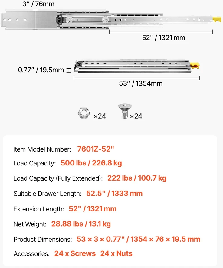Pilno išsitraukimo stalčių bėgeliai, 1 pora, apkrova 226,8kg, ilgis 1321 mm