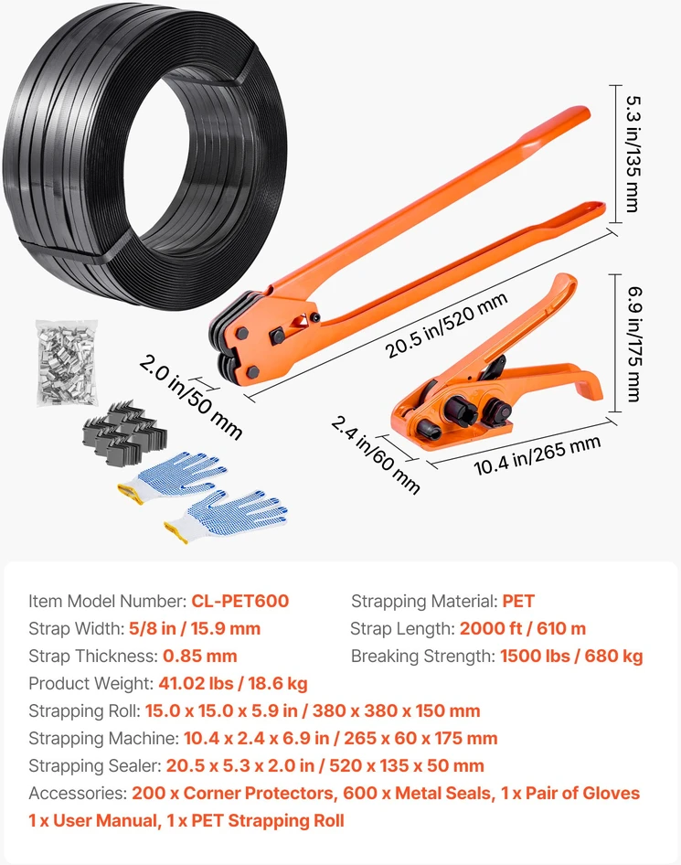 Plastikinio įpakavimo juostos rinkinys, PET ritinys 610 m, rankinis juostuotuvas, 600 sąsagų, 200 apsaugų