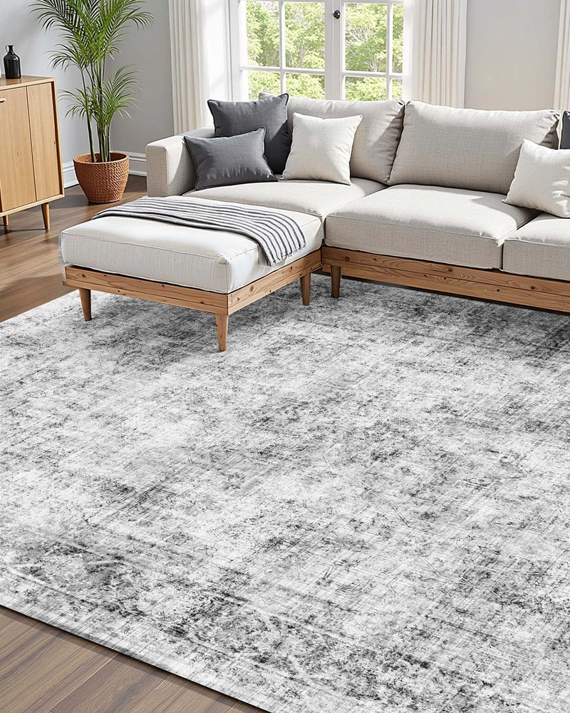 Plaunamas boho stiliaus kilimas svetainei. 1829 x 2743 mm. pilkas