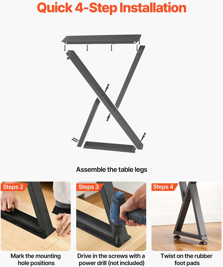 Plieninės ardomos stalo kojos. Z formos. laikomoji 1000 kg. 74x47.2 cm. 2 vnt.. juodos