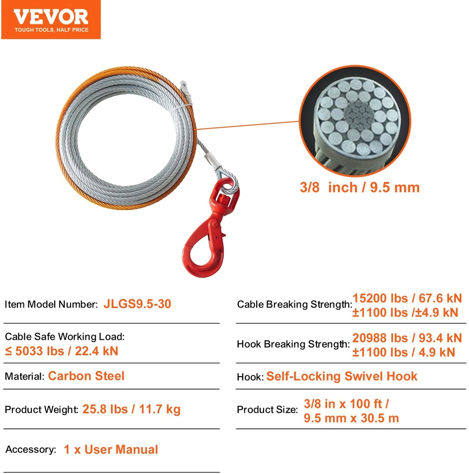 Plieninis gervės trosas. 9.5 mm x 30.5 m. trūkio jėga 67.6 kN
