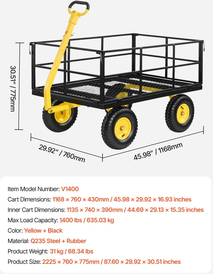 Plieninis sodo vežimėlis 2-in-1 dizainas tempiamas apkrova 635 kg