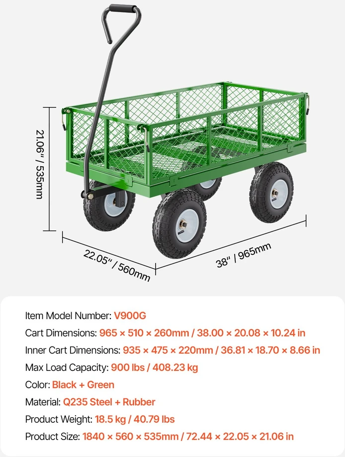 Plieninis sodo vežimėlis su ratais apkrova 40823 kg tempiamas
