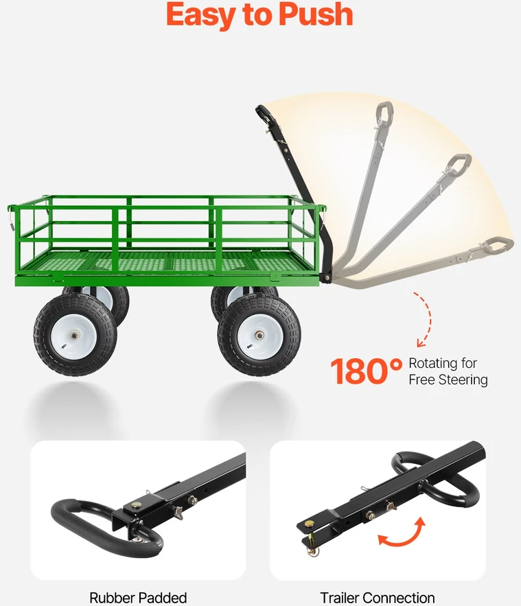 Plieninis sodo vežimėlis su ratais apkrova 54431 kg tempiamas