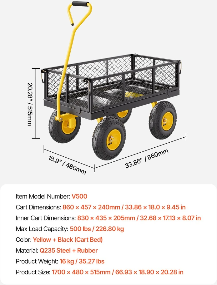 Plieninis sodo vežimėlis su ratais apkrova 2268 kg tempiamas