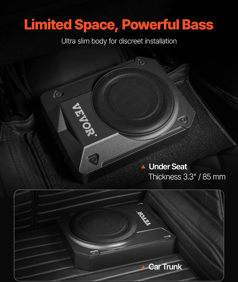 Plonas automobilinis žemų dažnių garsiakalbis po sėdyne. 254 mm. 400 W