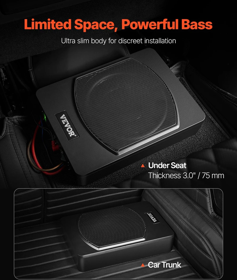 Plonas automobilinis žemų dažnių garsiakalbis po sėdyne. 254 mm. 240 W