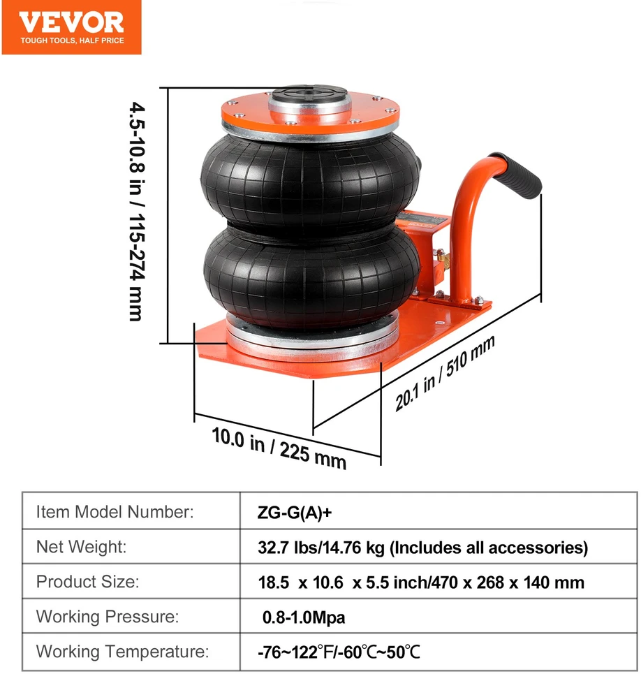 Pneumatinis automobilio domkratas 3 t. su aukštinimo kolonėle. 6 plieniniai vamzdeliai