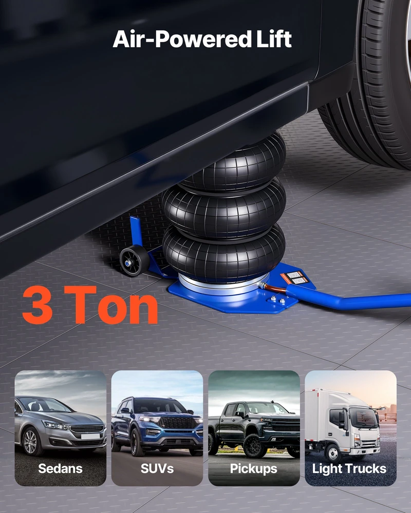Pneumatinis automobilių domkratas 3 tonos. 6 plieno vamzdeliai. kėlimo aukštis 140-450 mm