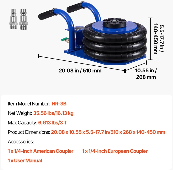 Pneumatinis automobilių domkratas 3 tonos. 6 plieno vamzdeliai. kėlimo aukštis iki 45 cm