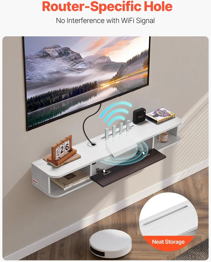 TV staliukas Prie sienos tvirtinama TV spintelė su anga laidams. saugykla DVD grotuvui ir žaidimų konsolei. balta. ilgis 120 cm