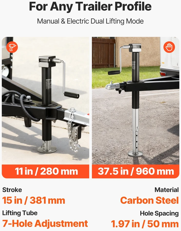 Priekabos domkratas su A formos rėmu. keliamoji galia 2267 kg. eiga 381 mm