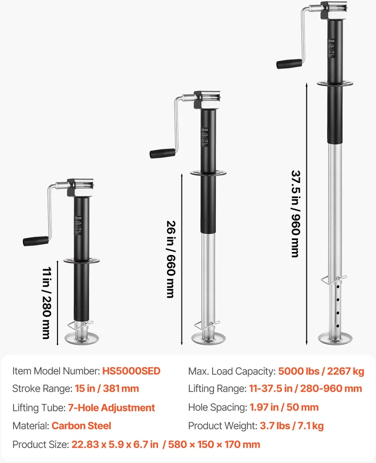 Priekabos domkratas su A formos rėmu. keliamoji galia 2267 kg. eiga 381 mm