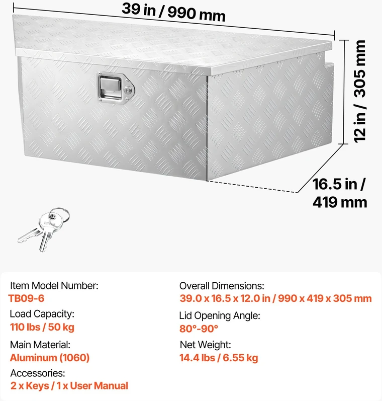 Priekabos grąžulo daiktadėžė iš aliuminio, 990x419x305 mm, keliamoji galia 50 kg