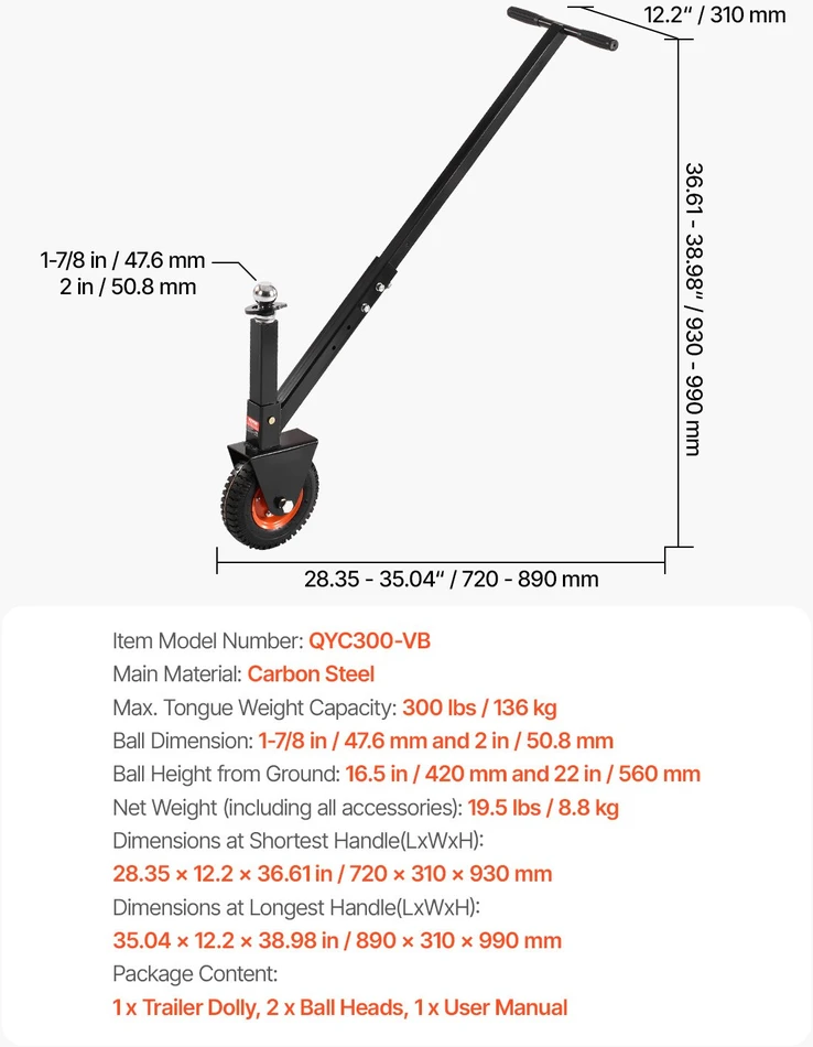 Priekabos perkėlimo vežimėlis, aukštis 420-560 mm, su kablio kamuoliuku, keliamoji 136 kg