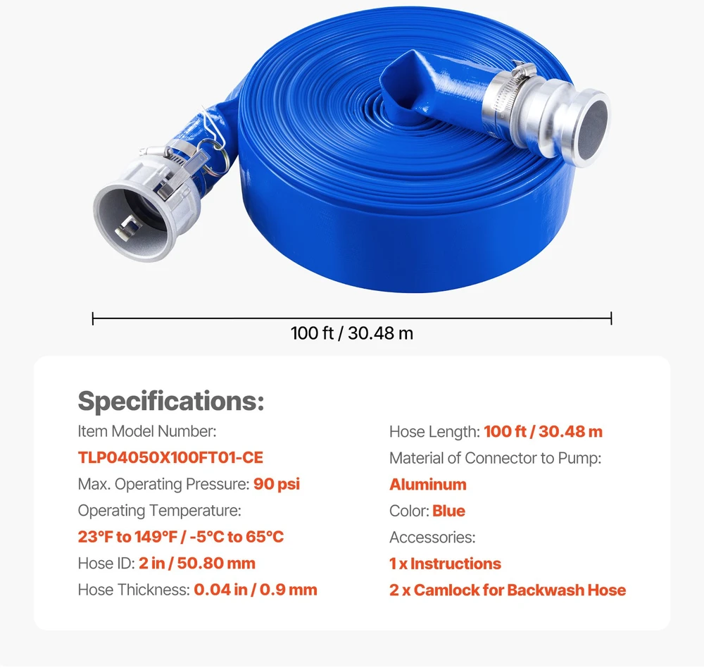 Priešplūdinė žarna 5080 mm x 3048 m mėlyna su gnybtais camlock ir aliuminio jungtimis