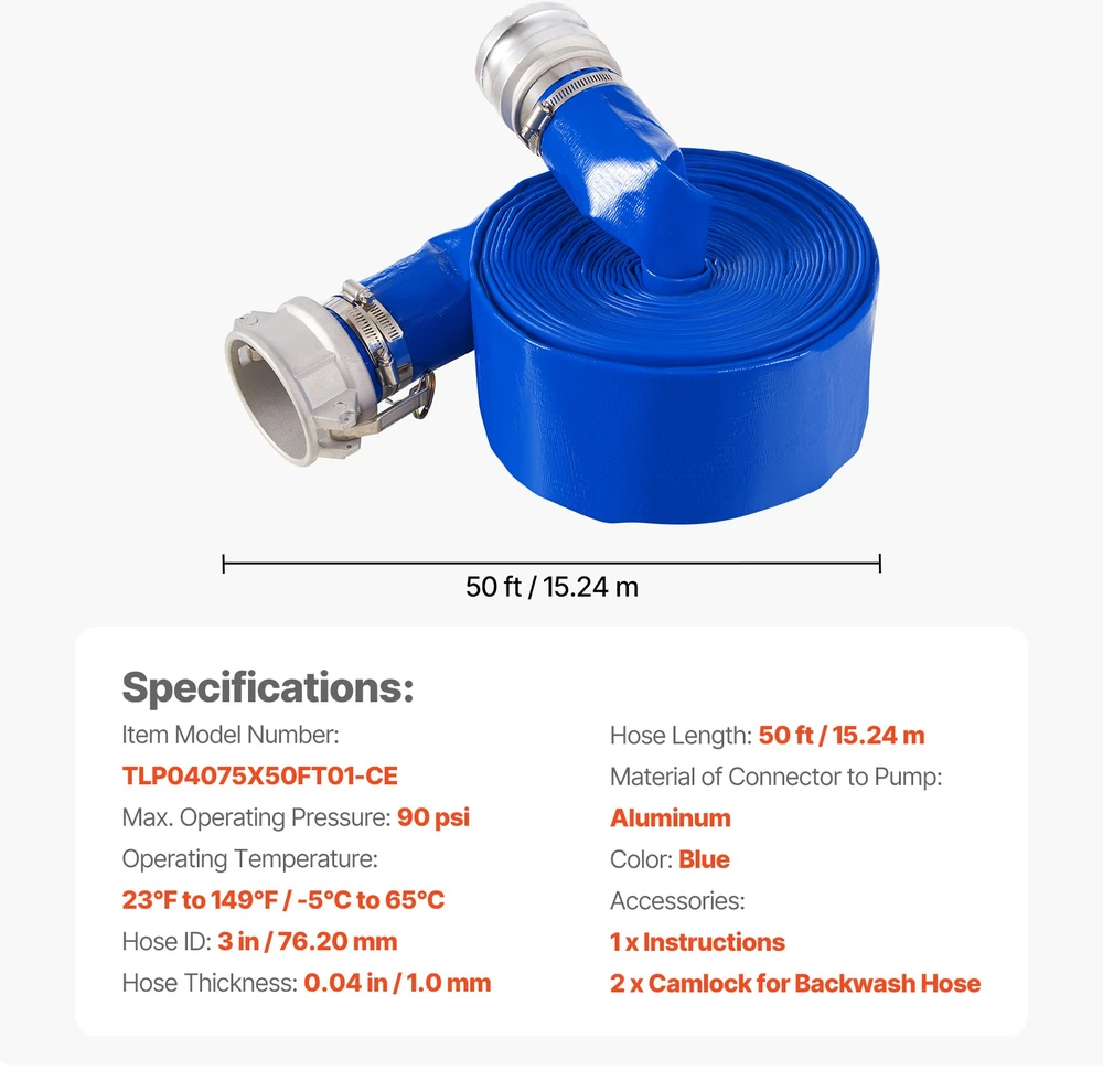 Priešplūdinė žarna 762 mm x 1524 m mėlyna su gnybtais camlock ir aliuminio jungtimis