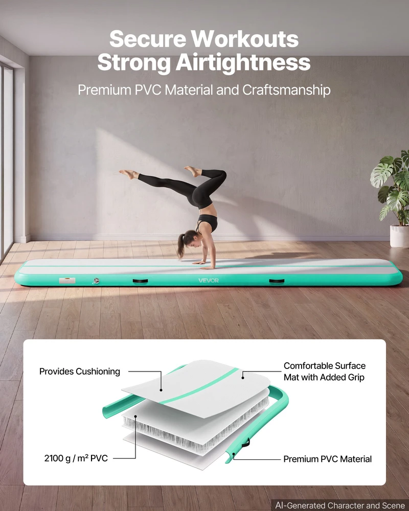 Pripučiamas gimnastikos kilimas 4 m. storis 10 cm. su elektriniu siurbliu. iki 200 kg. žalsvai mėtinės spalvos