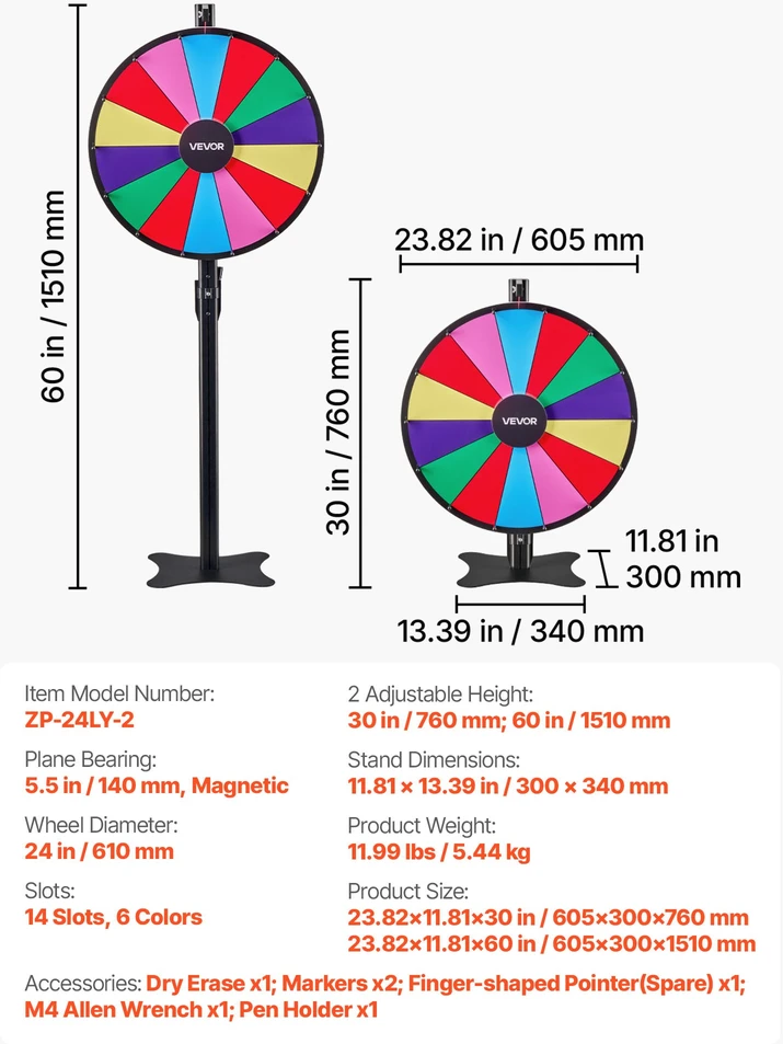 Prizų sukimo ratas. 610 mm. 14 sektorių. reguliuojamas aukštis. su rašikliais. šventėms