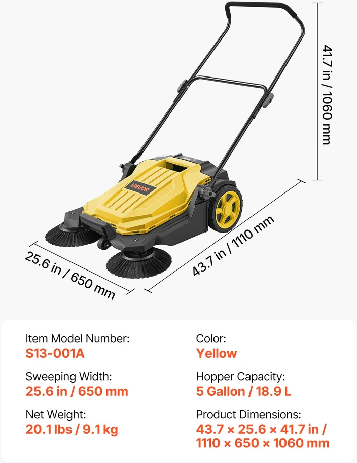 Rankinis stumiamas sodo šluotuvas. neelektrinis šiukšlių rinktuvas. valymo plotis 650 mm. 18.9 l konteineris