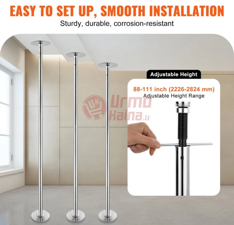 Reguliuojamas Pole dance stulpas VEVOR 282 cm sidabrinis