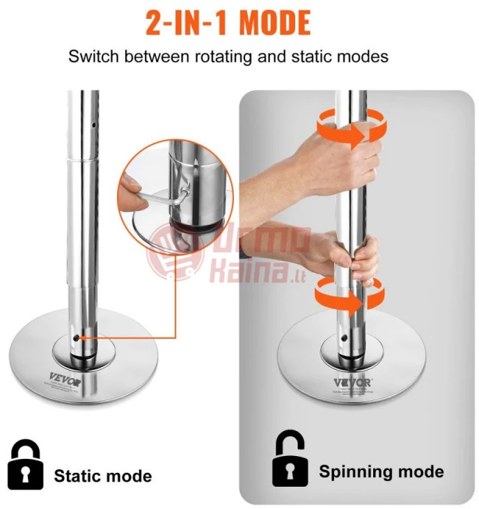 Reguliuojamas Pole dance stulpas VEVOR 282 cm sidabrinis