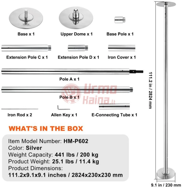 Reguliuojamas Pole dance stulpas VEVOR 282 cm sidabrinis
