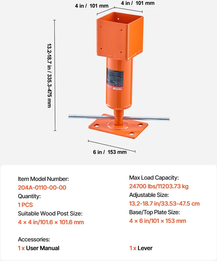 Reguliuojamas rūsio atramos keltuvas aukštis 3353-475 cm apkrova 11203 kg tinka 4x4 col. medinei atramai