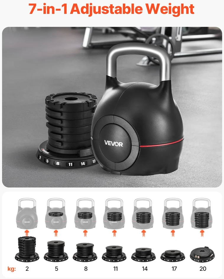 Reguliuojamas svarstis (kettlebell). 7 svorio lygiai iki 20 kg. juodas