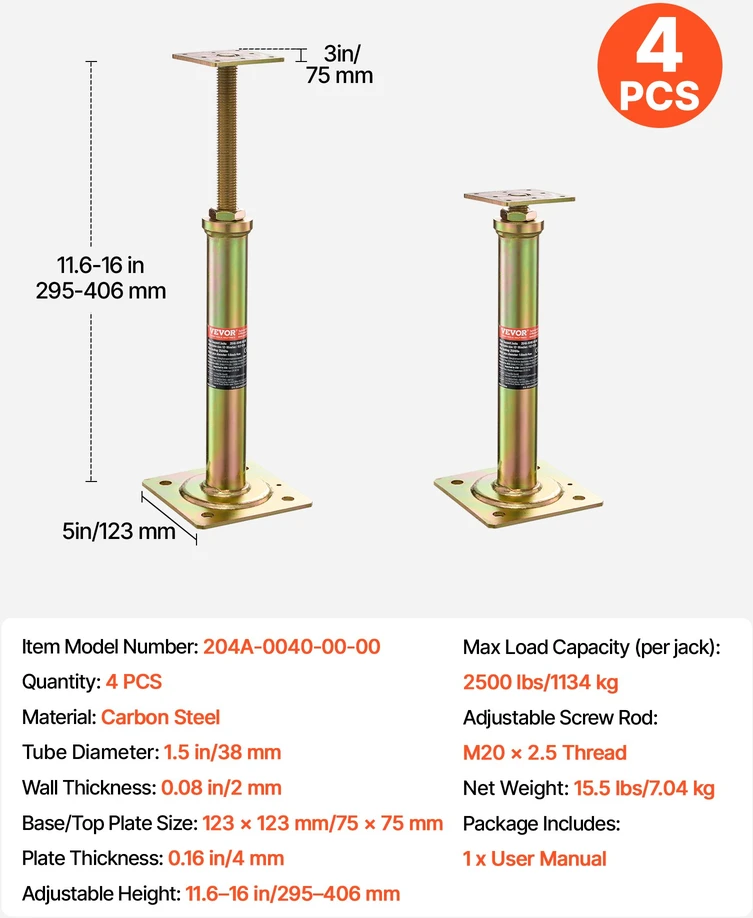 Reguliuojami rūsio atramos keltuvai 4 vnt. aukštis 2946-4064 cm apkrova 1134 kg kiekvienam