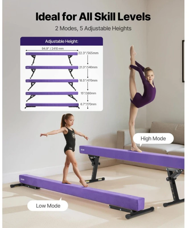 Reguliuojamo aukščio gimnastikos bumas vaikams 2.4 m violetinis